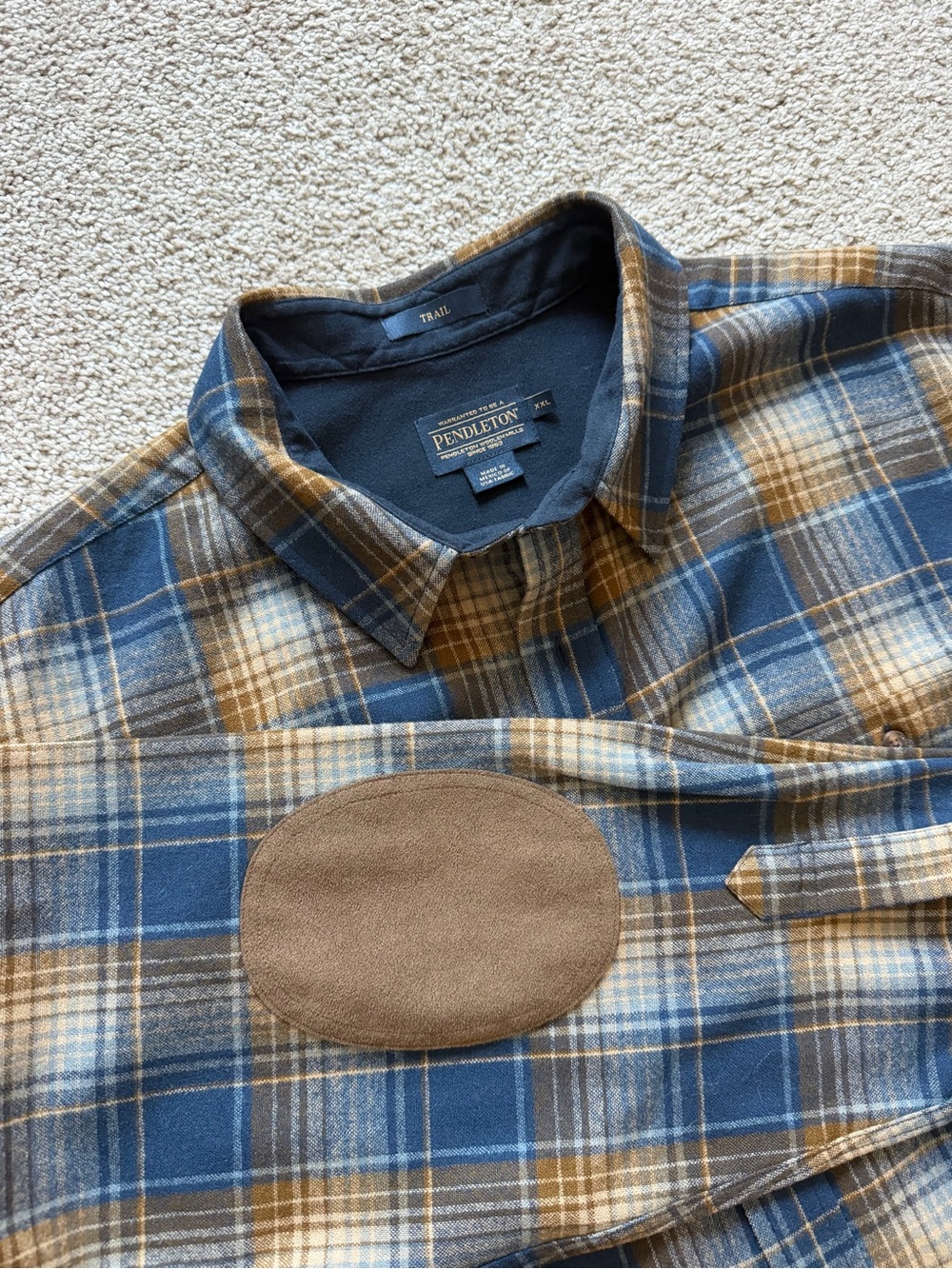 Pendleton Trail Wool Blend Plaid Shirt XXL Elbow Patches Blue Brown
